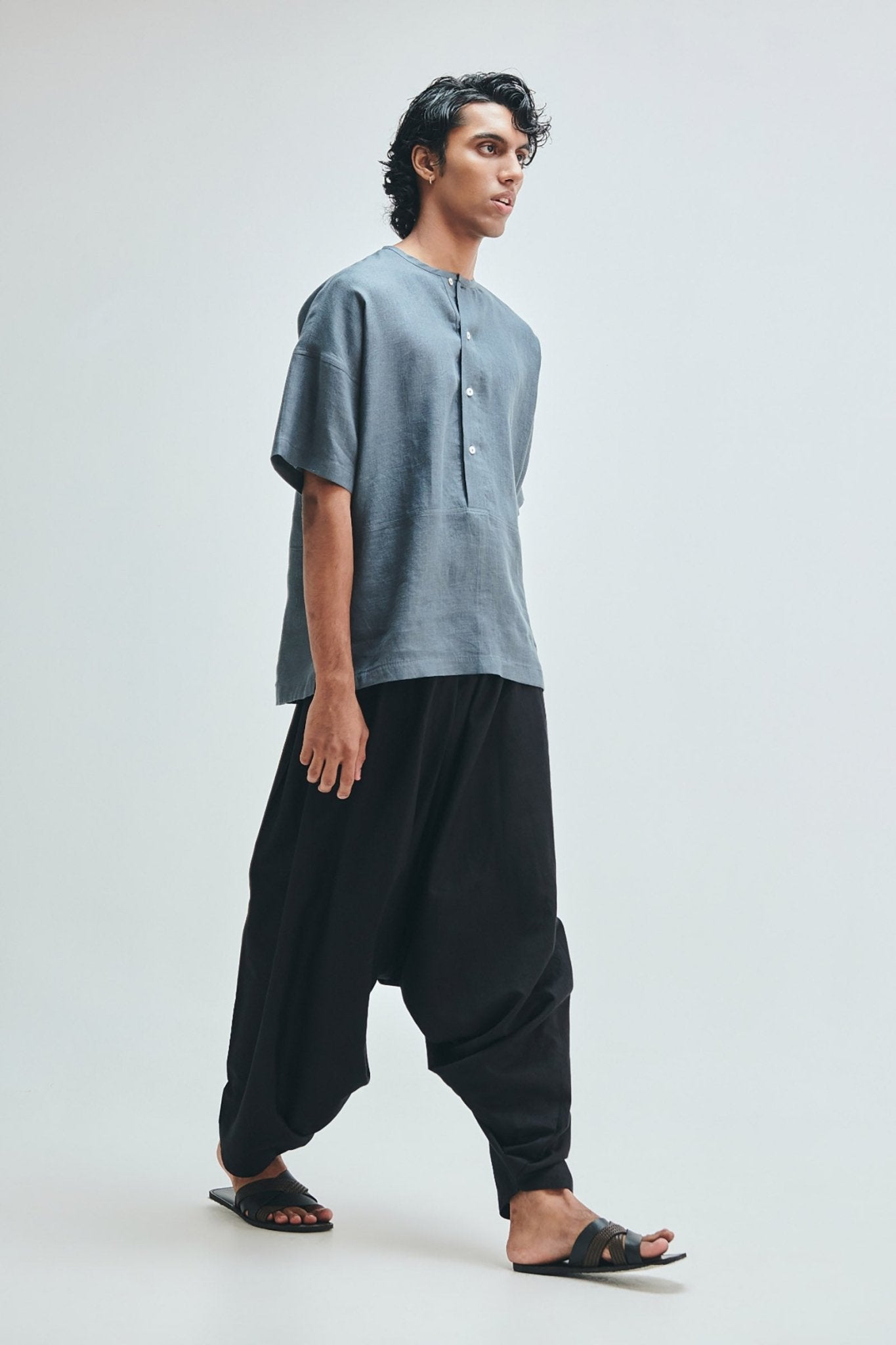 Slate Linen Men's Half Sleeves Panelled Shirt Kurta - CiceroniShirt KurtaSaphed