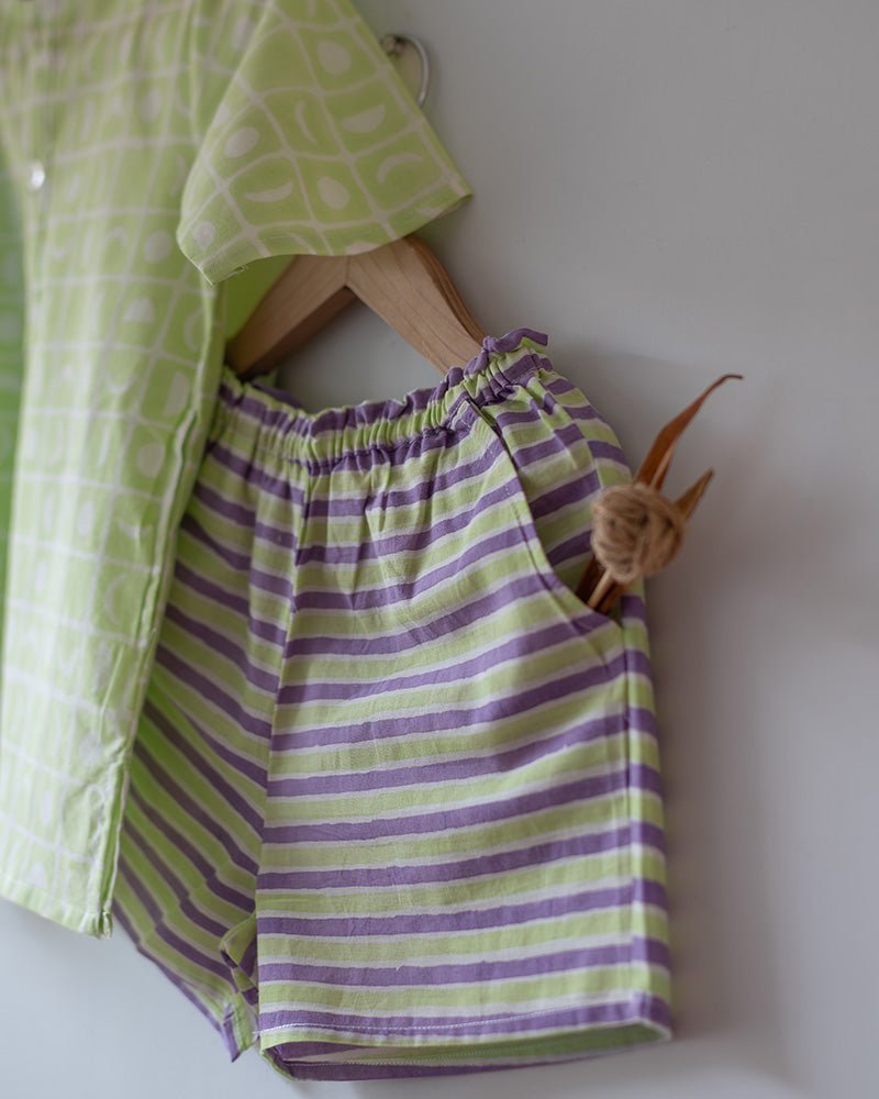 Sleepover Party Unisex Cotton Set with Lime Green Moon Chase Kurta and Purple Green Striped Shorts - CiceroniCo - ord SetLove The World Today