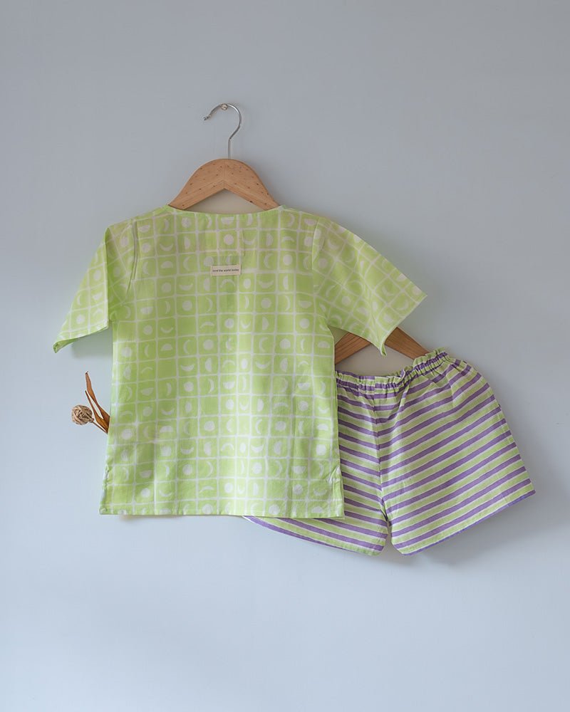 Sleepover Party Unisex Cotton Set with Lime Green Moon Chase Kurta and Purple Green Striped Shorts - CiceroniCo - ord SetLove The World Today