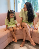 Sleepover Party Unisex Cotton Set with Lime Green Moon Chase Kurta and Purple Green Striped Shorts - CiceroniCo - ord SetLove The World Today
