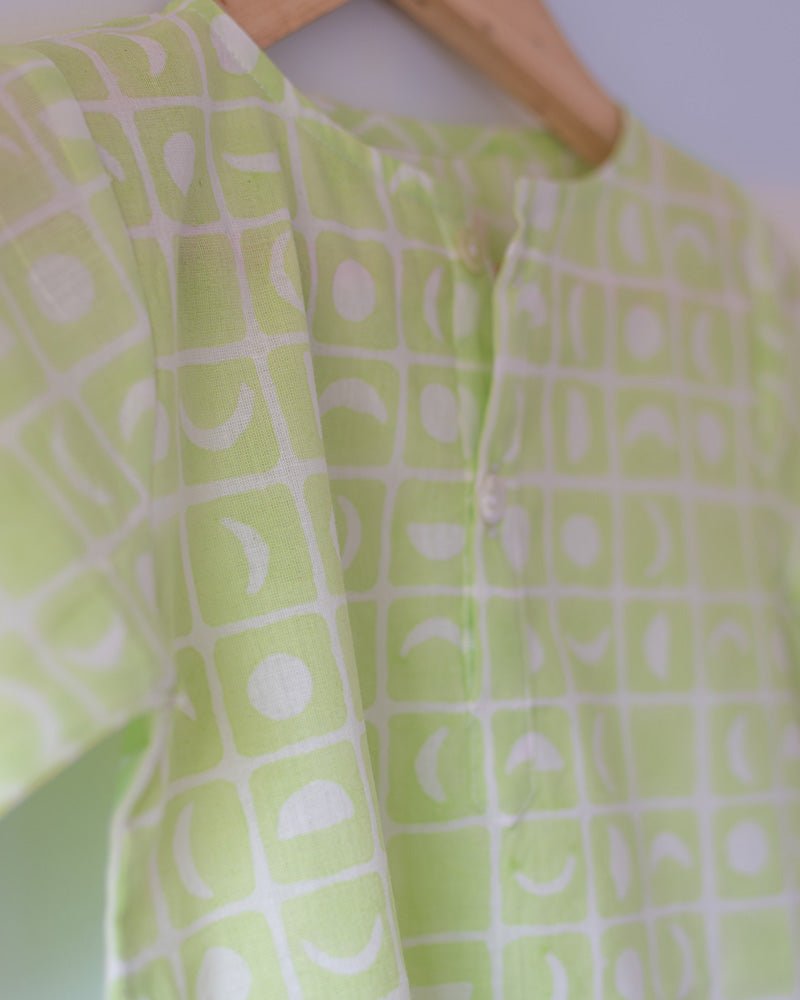 Sleepover Party Unisex Cotton Set with Lime Green Moon Chase Kurta and Purple Green Striped Shorts - CiceroniCo - ord SetLove The World Today