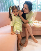Sleepover Party Unisex Cotton Set with Lime Green Moon Chase Kurta and Purple Green Striped Shorts - CiceroniCo - ord SetLove The World Today