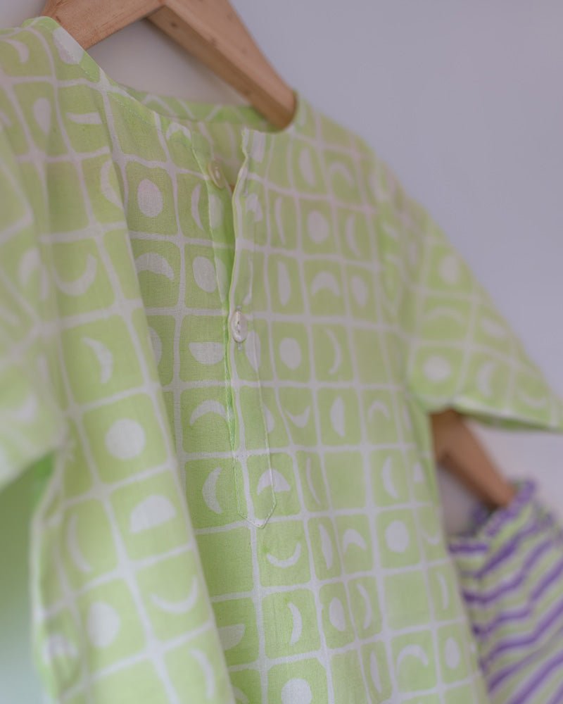 Sleepover Party Unisex Cotton Set with Lime Green Moon Chase Kurta and Purple Green Striped Shorts - CiceroniCo - ord SetLove The World Today