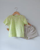 Sleepover Party Unisex Cotton Set with Lime Green Moon Chase Kurta and Purple Green Striped Shorts - CiceroniCo - ord SetLove The World Today
