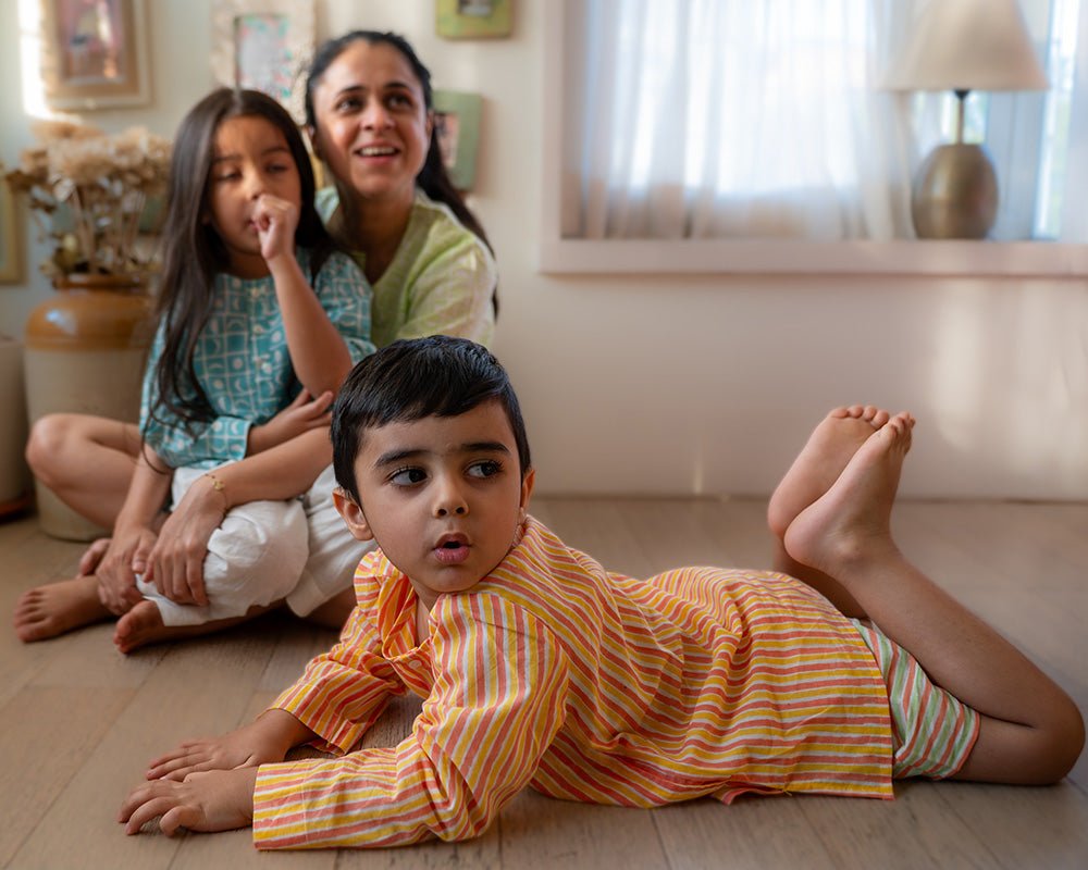 Sleepover Party Unisex Cotton Set with Peach Yellow Striped Kurta and Peach Green Striped Shorts - CiceroniCo - ord SetLove The World Today
