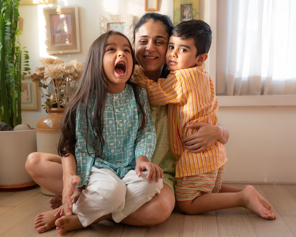 Sleepover Party Unisex Cotton Set with Peach Yellow Striped Kurta and Peach Green Striped Shorts - CiceroniCo - ord SetLove The World Today