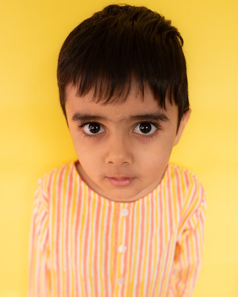 Sleepover Party Unisex Cotton Set with Peach Yellow Striped Kurta and Peach Green Striped Shorts - CiceroniCo - ord SetLove The World Today