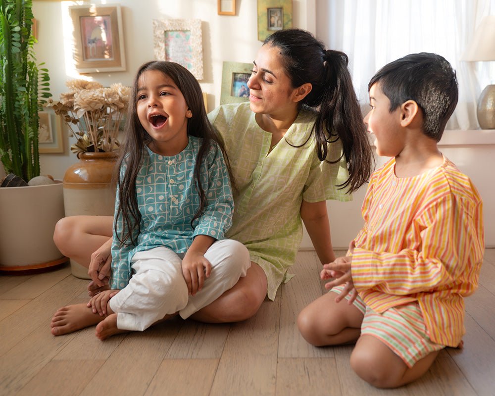 Sleepover Party Unisex Cotton Set with Peach Yellow Striped Kurta and Peach Green Striped Shorts - CiceroniCo - ord SetLove The World Today