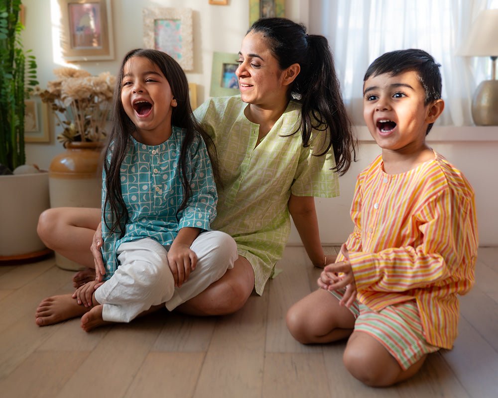 Sleepover Party Unisex Cotton Set with Peach Yellow Striped Kurta and Peach Green Striped Shorts - CiceroniCo - ord SetLove The World Today