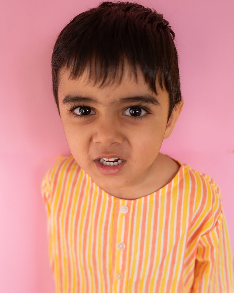 Sleepover Party Unisex Cotton Set with Peach Yellow Striped Kurta and Peach Green Striped Shorts - CiceroniCo - ord SetLove The World Today