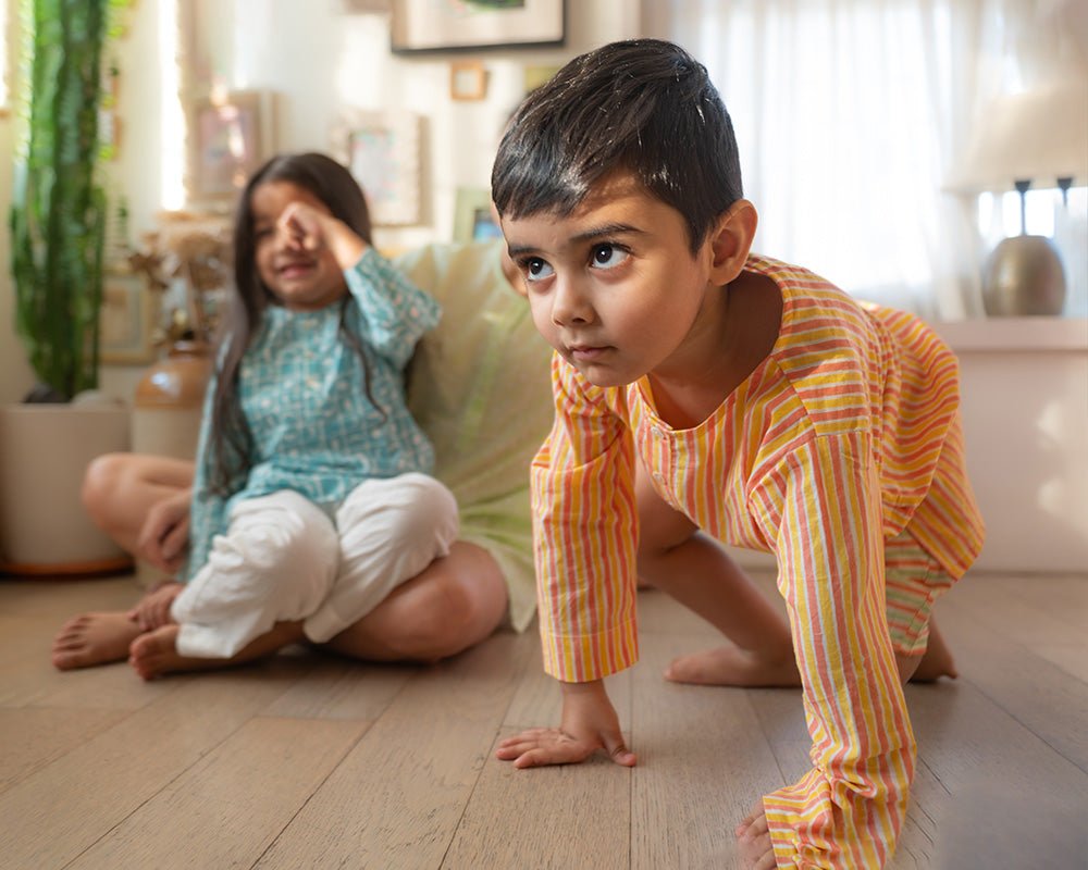 Sleepover Party Unisex Cotton Set with Peach Yellow Striped Kurta and Peach Green Striped Shorts - CiceroniCo - ord SetLove The World Today