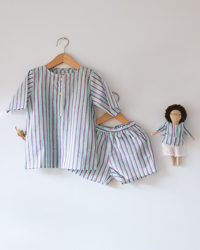Sleepover Party Unisex Cotton Set with Purple Blue Striped Kurta and Shorts - CiceroniCo - ord SetLove The World Today