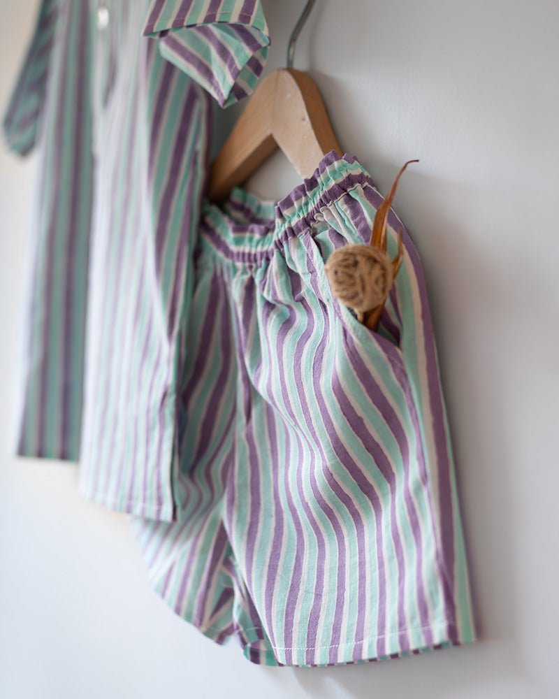 Sleepover Party Unisex Cotton Set with Purple Blue Striped Kurta and Shorts - CiceroniCo - ord SetLove The World Today