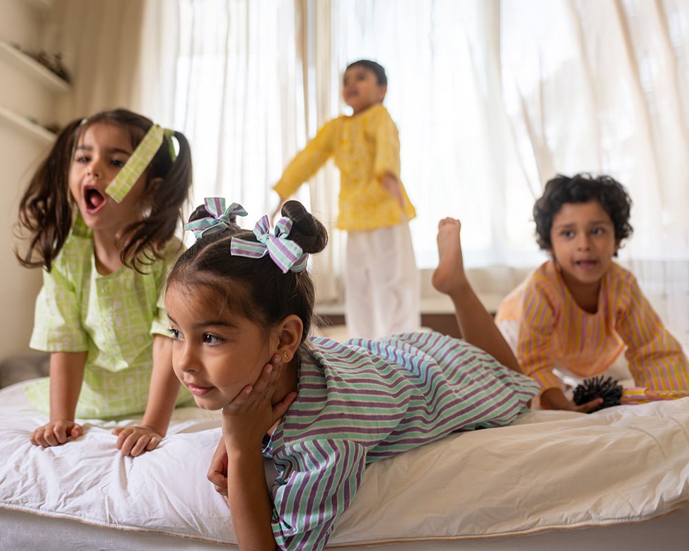 Sleepover Party Unisex Cotton Set with Purple Blue Striped Kurta and Shorts - CiceroniCo - ord SetLove The World Today