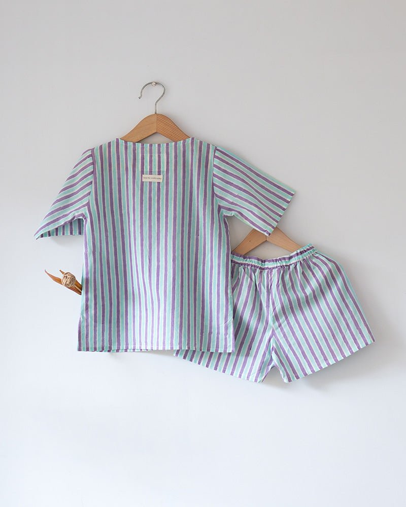 Sleepover Party Unisex Cotton Set with Purple Blue Striped Kurta and Shorts - CiceroniCo - ord SetLove The World Today