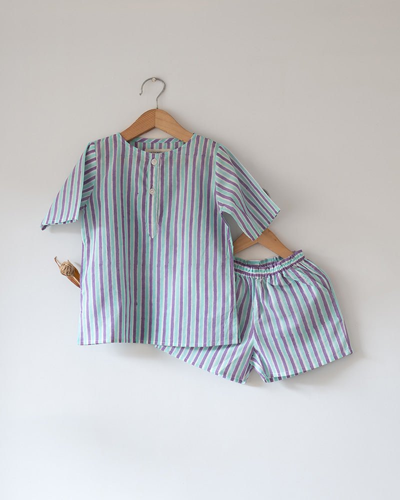 Sleepover Party Unisex Cotton Set with Purple Blue Striped Kurta and Shorts - CiceroniCo - ord SetLove The World Today