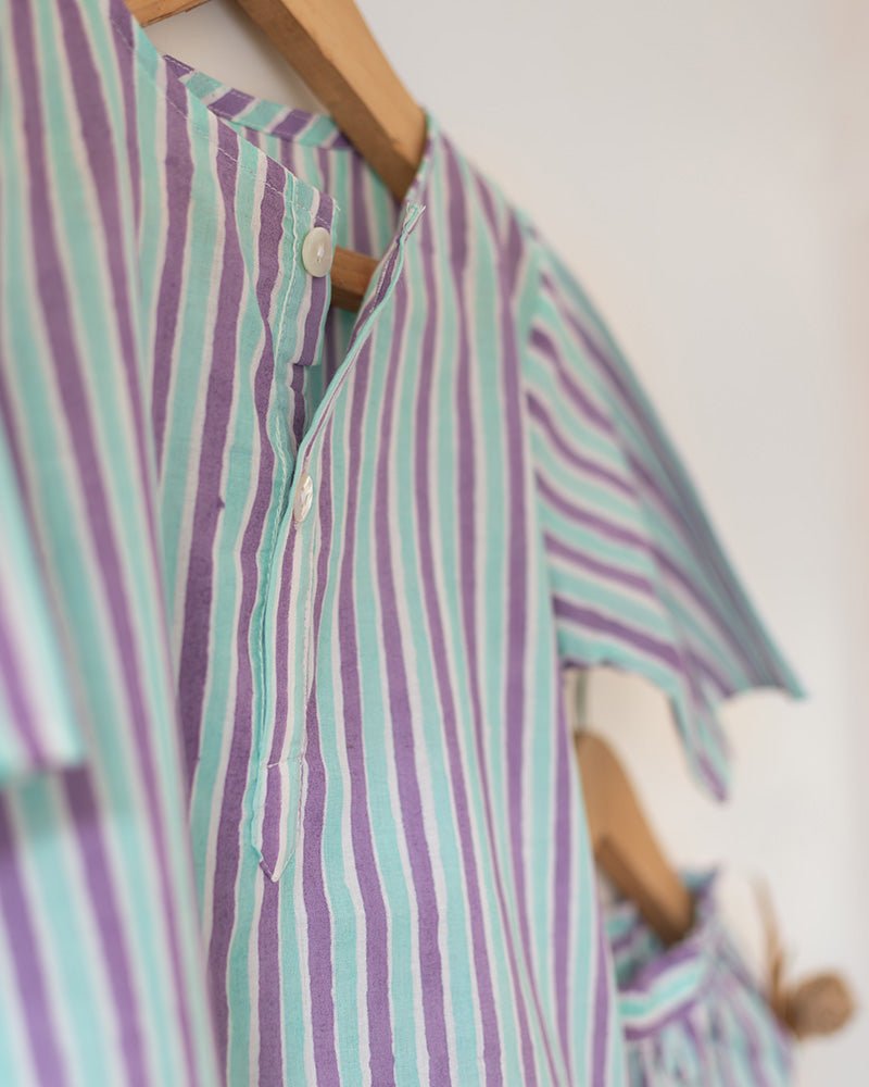 Sleepover Party Unisex Cotton Set with Purple Blue Striped Kurta and Shorts - CiceroniCo - ord SetLove The World Today