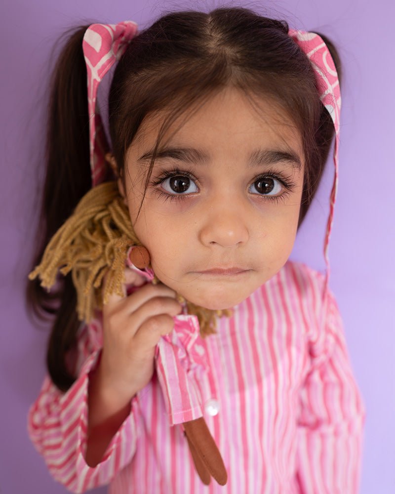 Sleepover Party Unisex Cotton Set with Striped Kurta and Moon Chase Shorts in Pink - CiceroniCo - ord SetLove The World Today