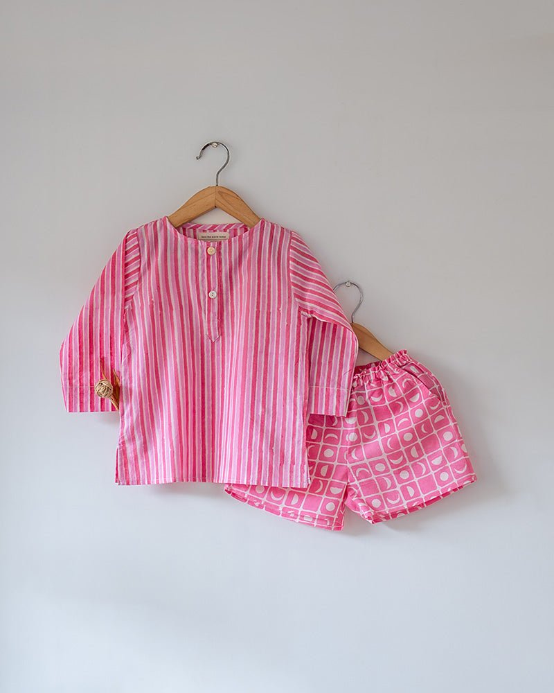 Sleepover Party Unisex Cotton Set with Striped Kurta and Moon Chase Shorts in Pink - CiceroniCo - ord SetLove The World Today