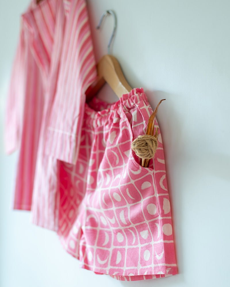 Sleepover Party Unisex Cotton Set with Striped Kurta and Moon Chase Shorts in Pink - CiceroniCo - ord SetLove The World Today