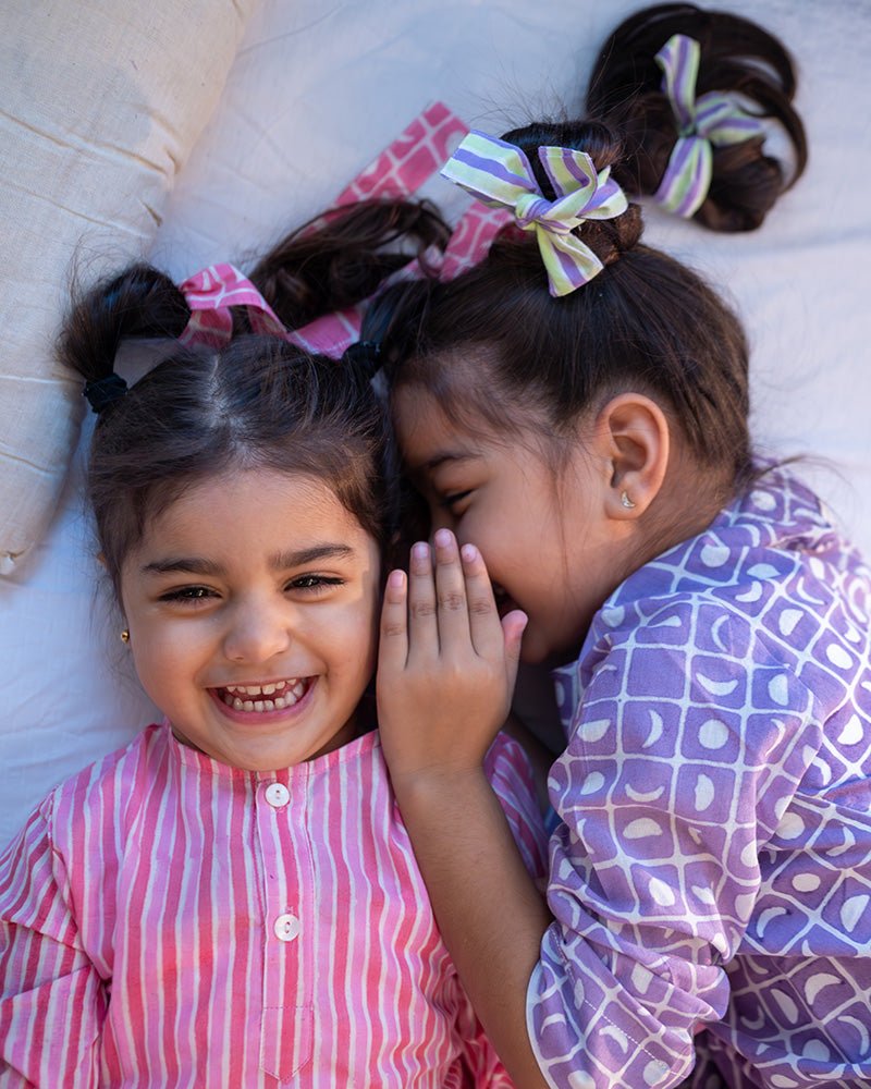 Sleepover Party Unisex Cotton Set with Striped Kurta and Moon Chase Shorts in Pink - CiceroniCo - ord SetLove The World Today