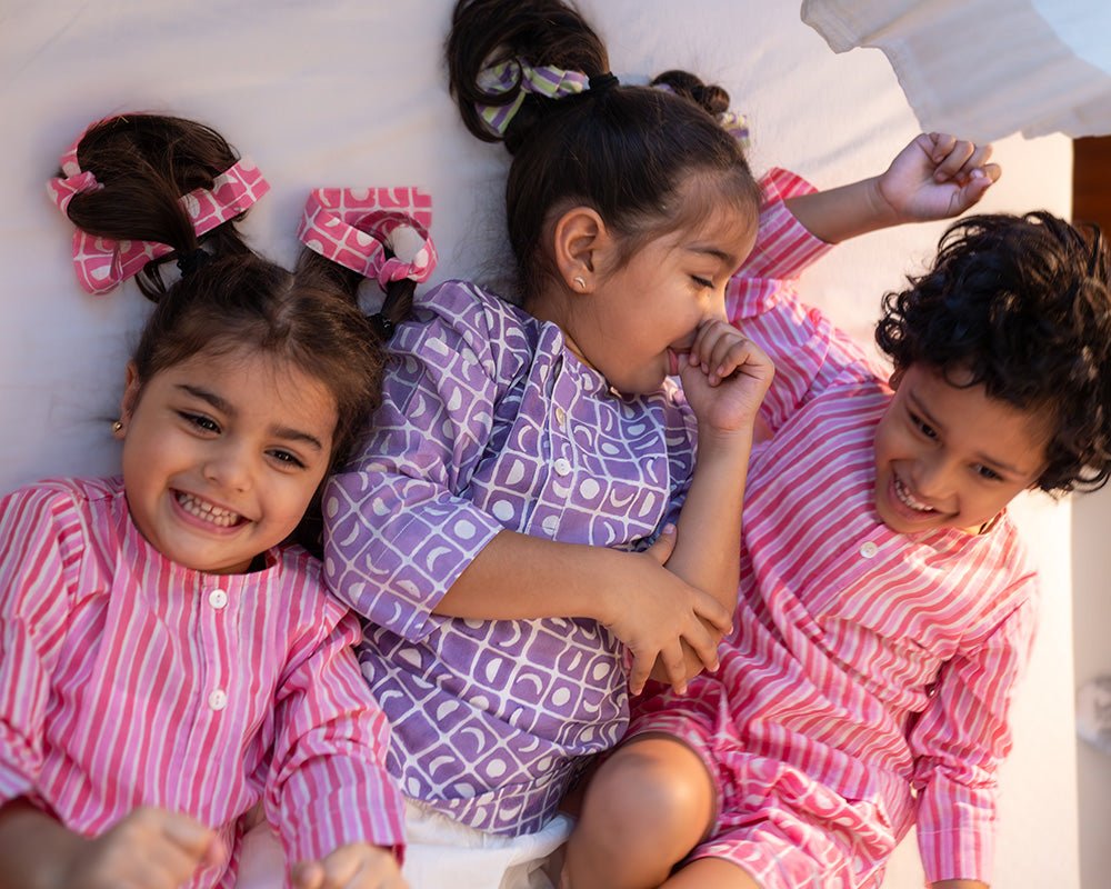 Sleepover Party Unisex Cotton Set with Striped Kurta and Moon Chase Shorts in Pink - CiceroniCo - ord SetLove The World Today