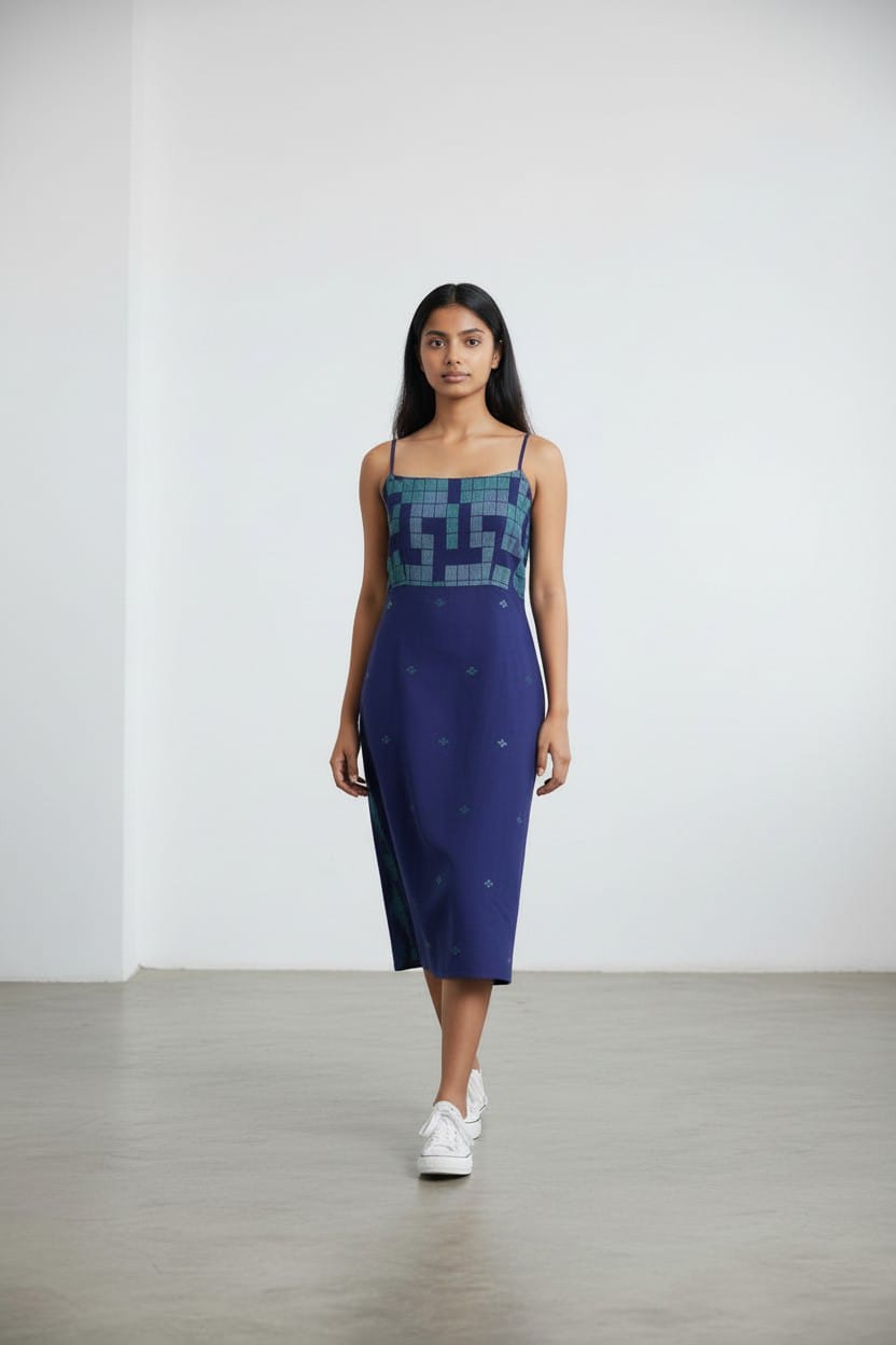Spaghetti Coat Tail - Midnight Blue Pixel Jamdani - CiceroniDressesBhomra