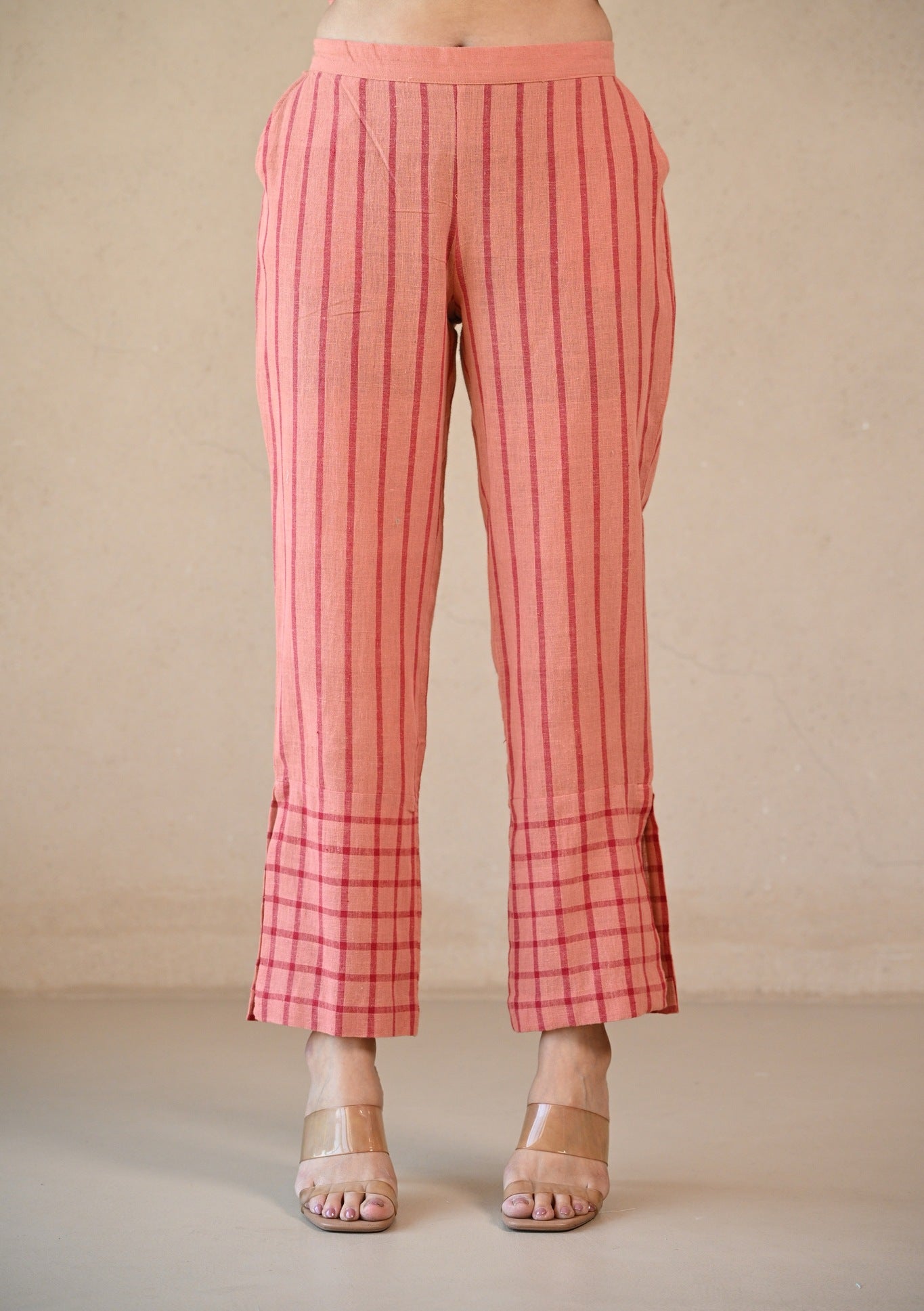 Straight Cut Pant - Peach Stripe Checks - CiceroniPantsRang by Rajvi