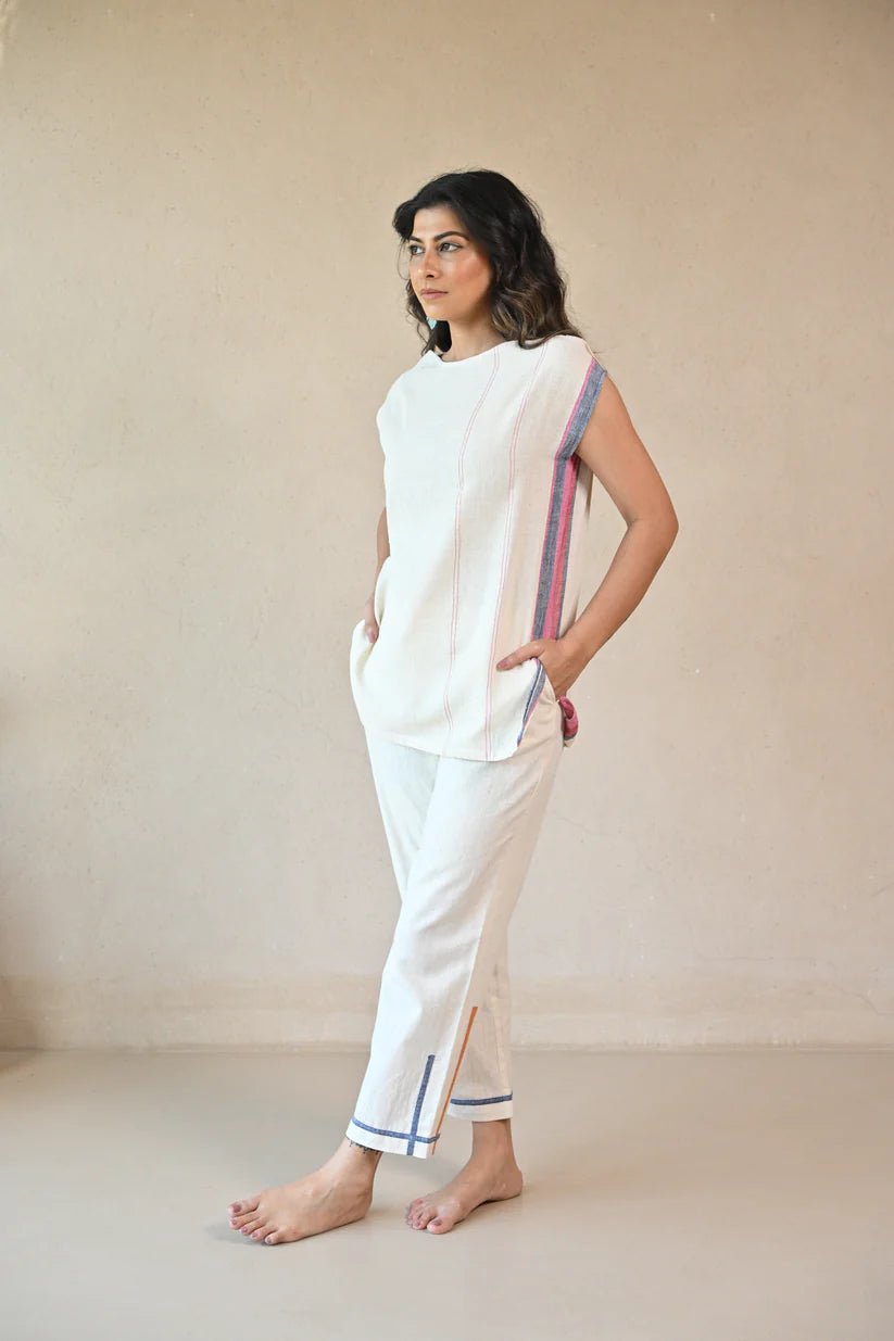 Straight Cut Pant with Fabric Detailing at Hem - Natural White - CiceroniPantsRang by Rajvi