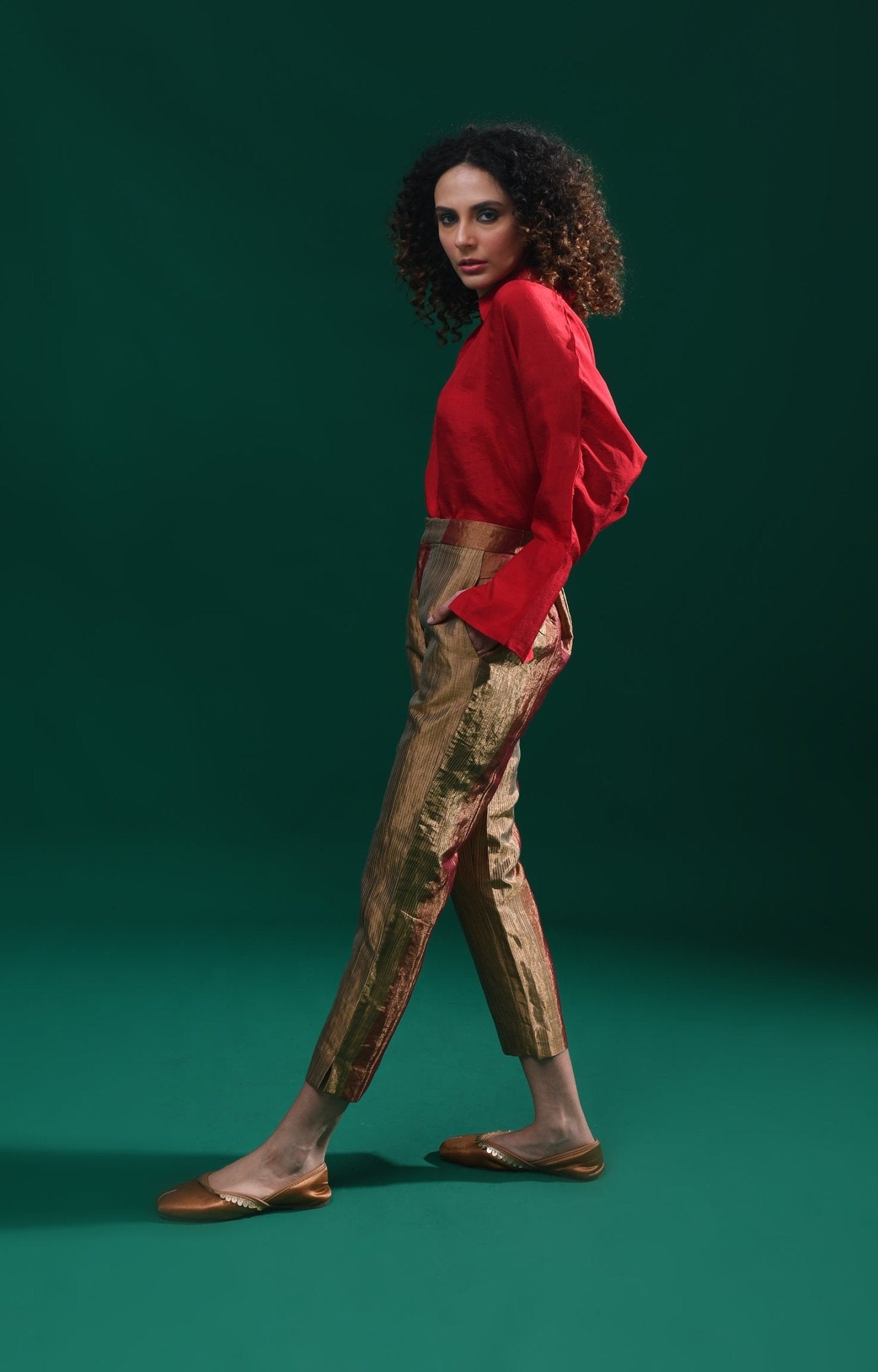 Straight Cut Tissue Trouser - Red & Olive - CiceroniPantsHiranya