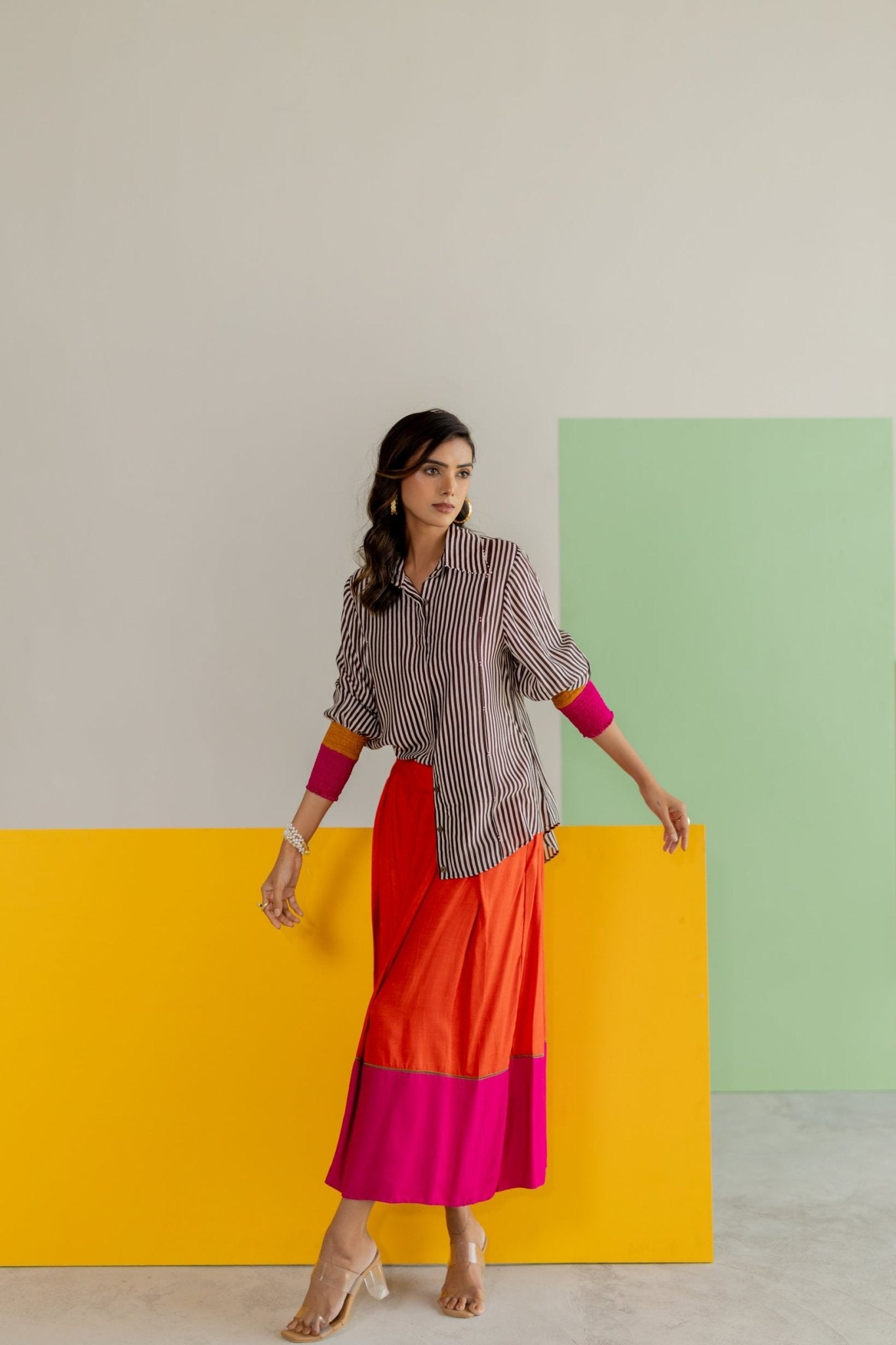 Stripe Shirt and Orange Skirt Set - CiceroniSkirt SetTussah