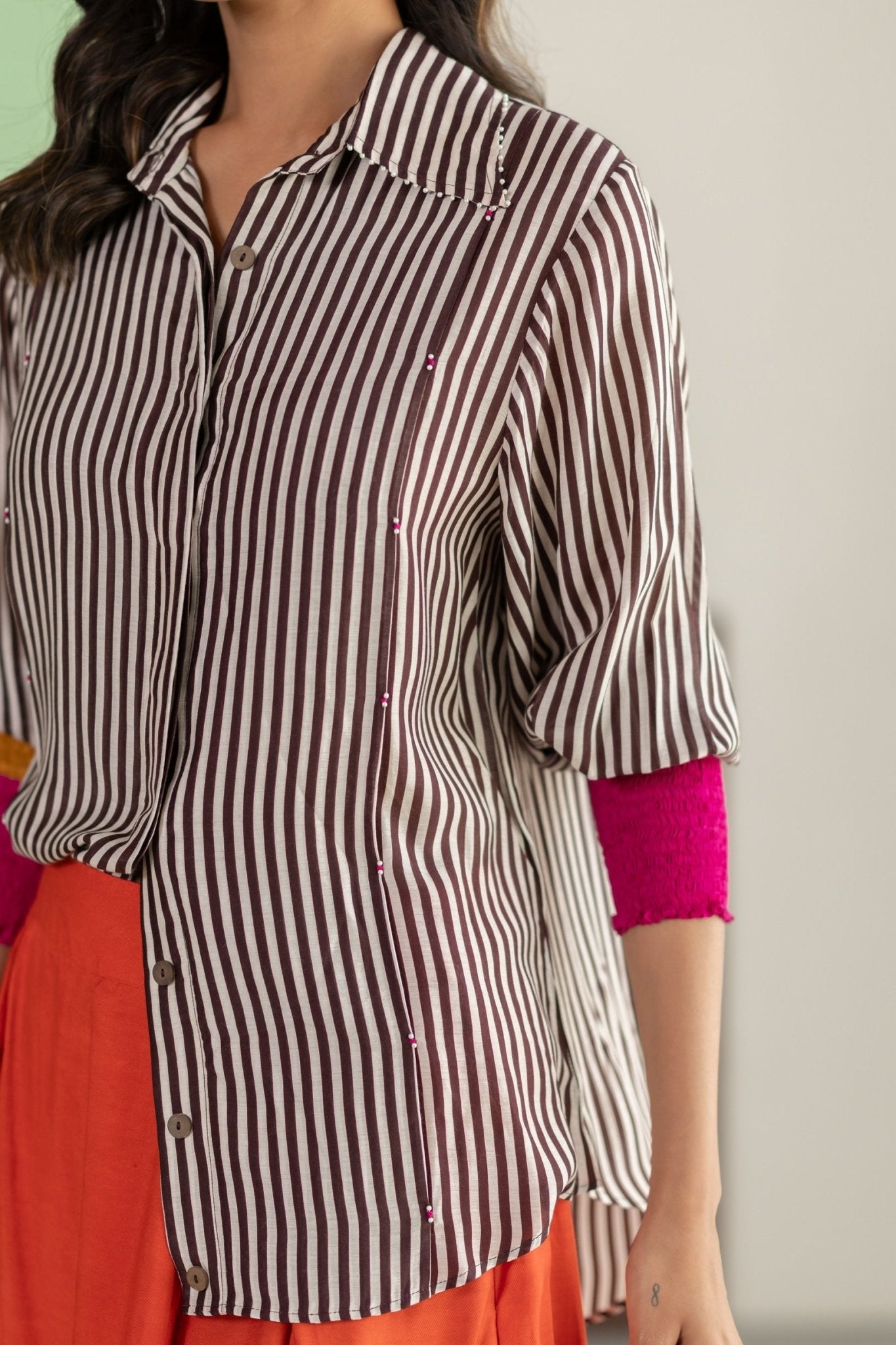 Stripe Shirt and Orange Skirt Set - CiceroniSkirt SetTussah