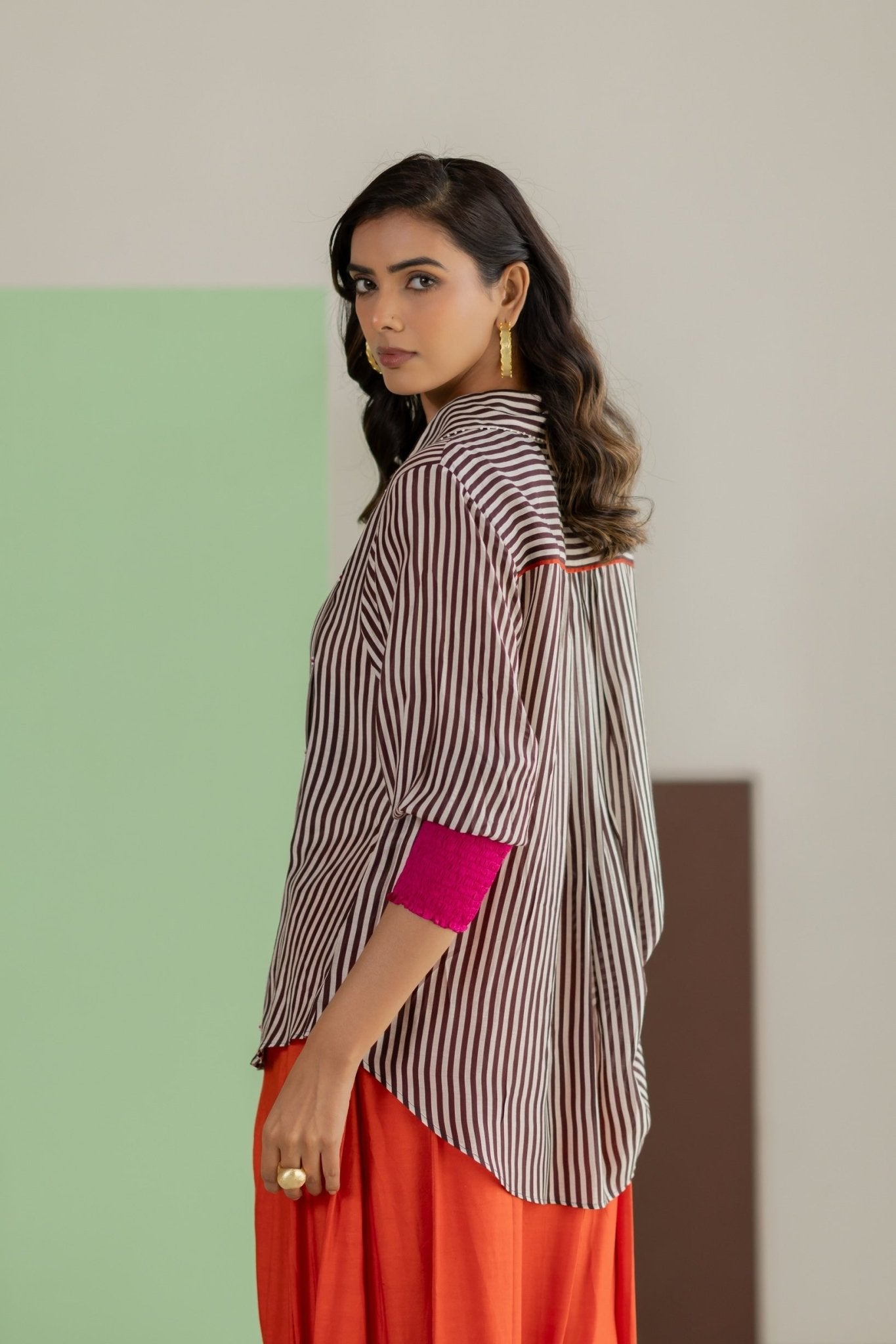 Stripe Shirt and Orange Skirt Set - CiceroniSkirt SetTussah