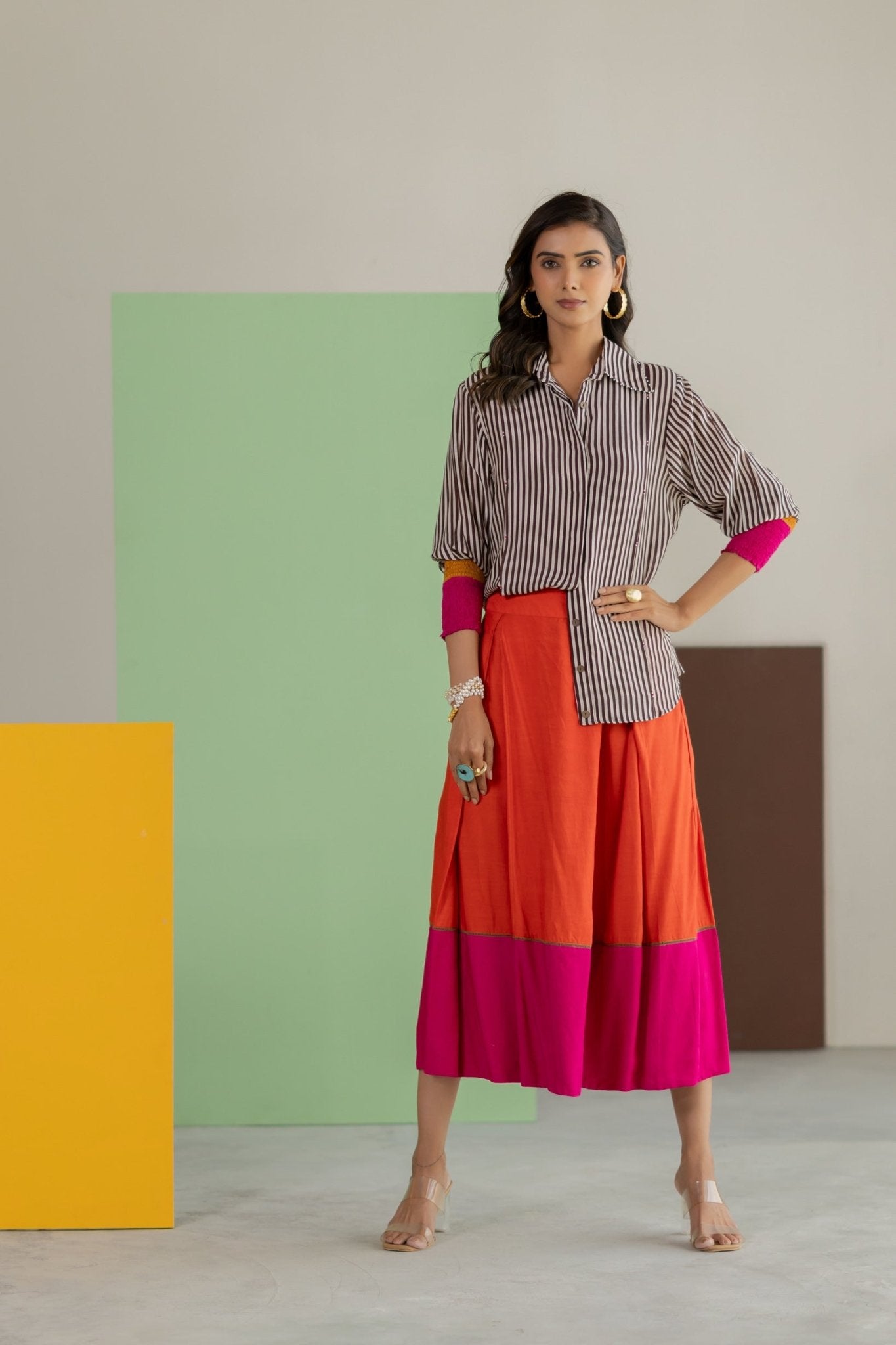 Stripe Shirt and Orange Skirt Set - CiceroniSkirt SetTussah