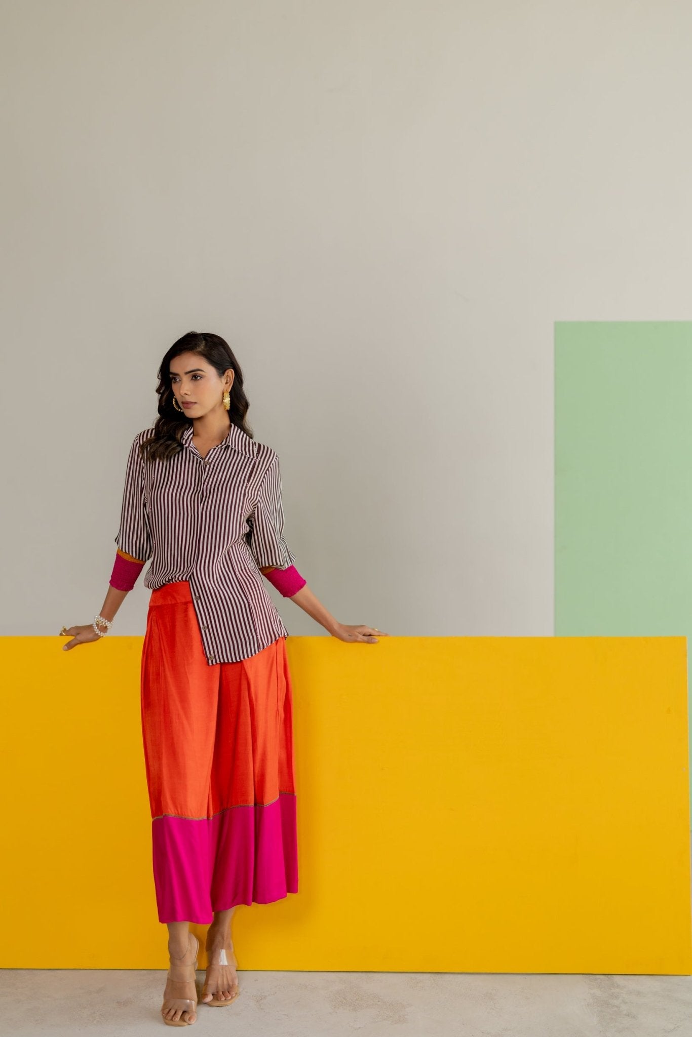Stripe Shirt and Orange Skirt Set - CiceroniSkirt SetTussah