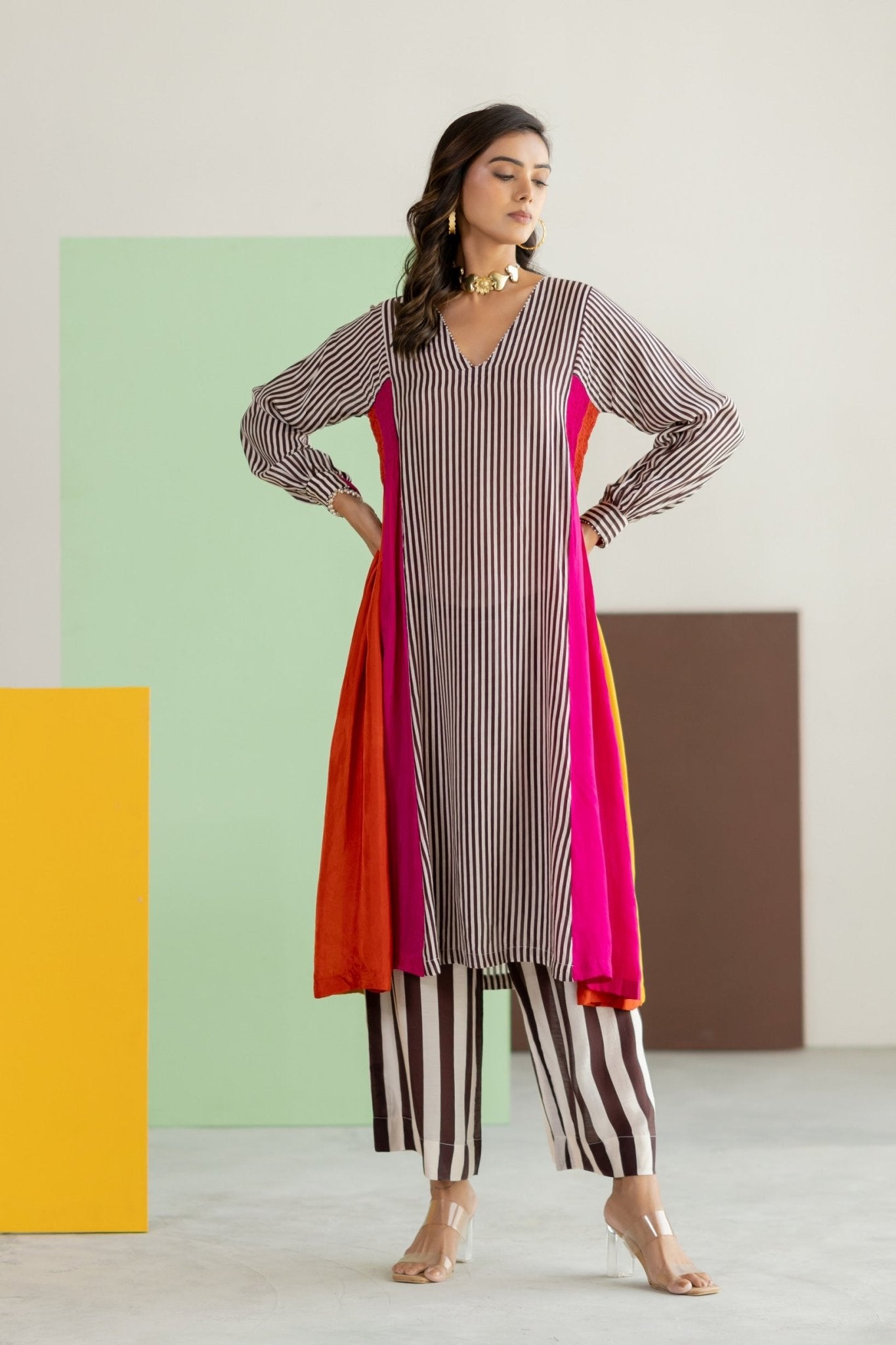 Striped Kurta Set - Hot Pink - CiceroniKurta Set, Festive WearTussah