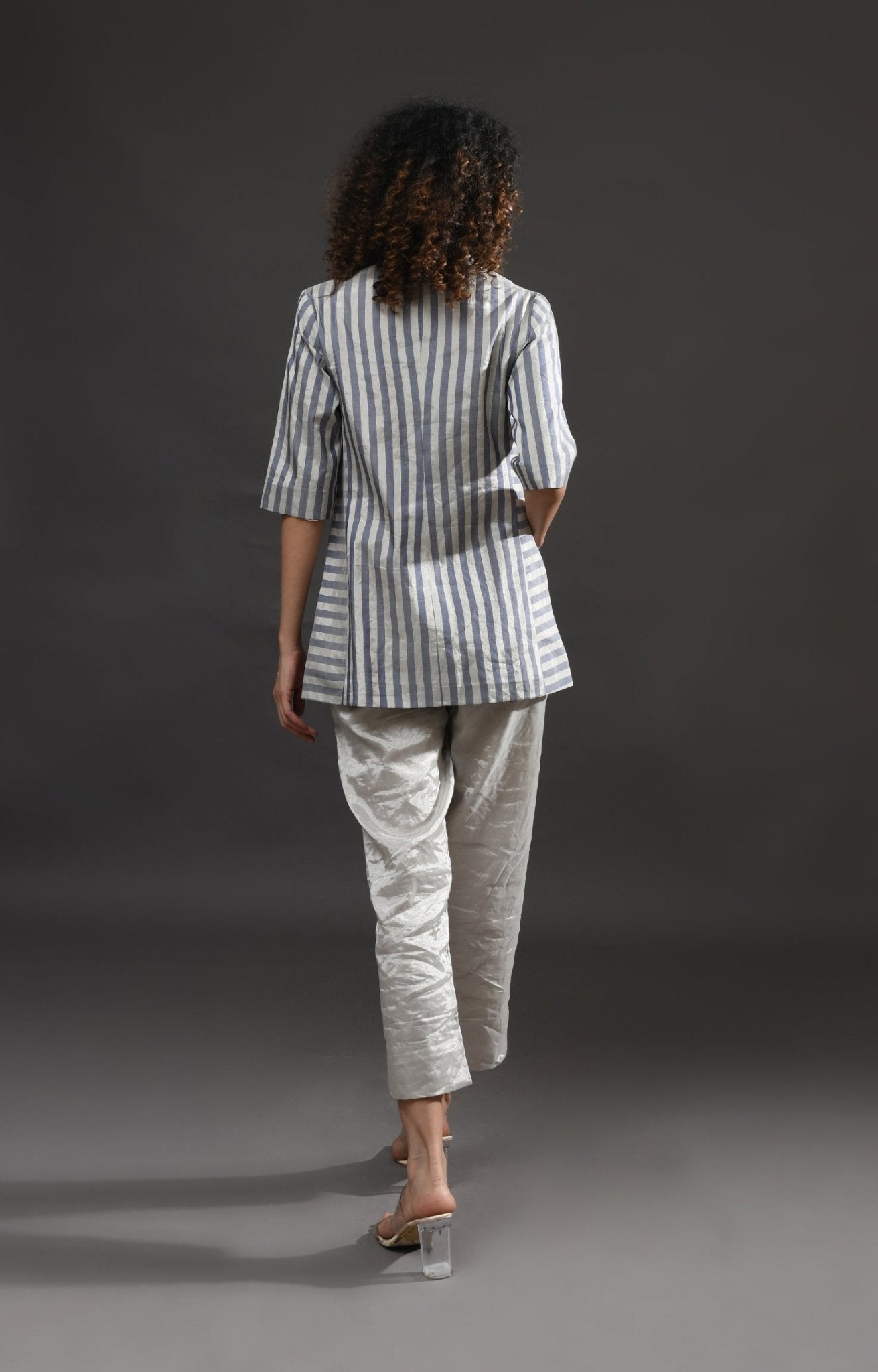 Striped Tissue Blazer Co - Ord (Set of 2) - Silver and Blue - CiceroniCo - ord SetHiranya