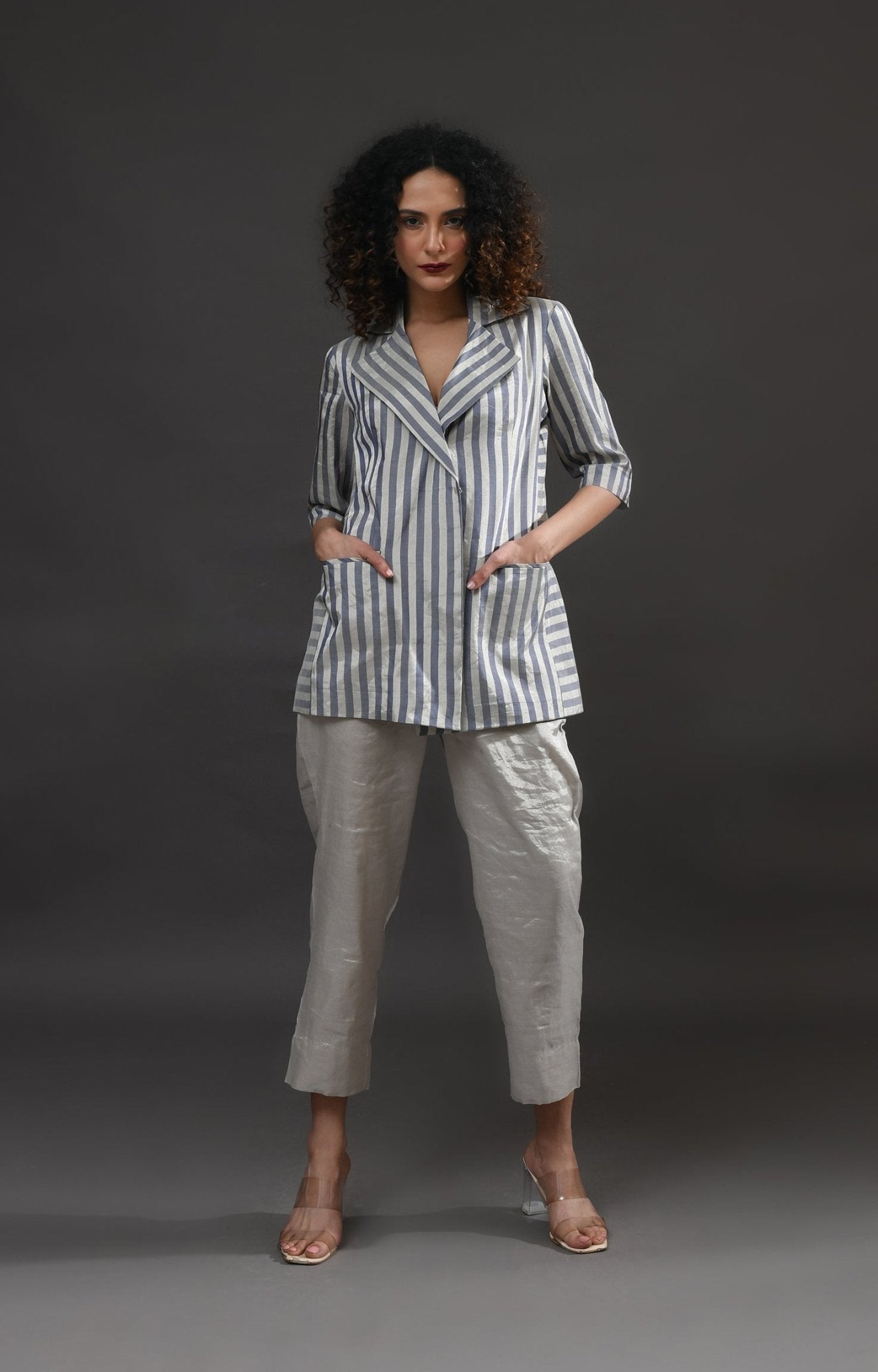 Striped Tissue Blazer Co - Ord (Set of 2) - Silver and Blue - CiceroniCo - ord SetHiranya