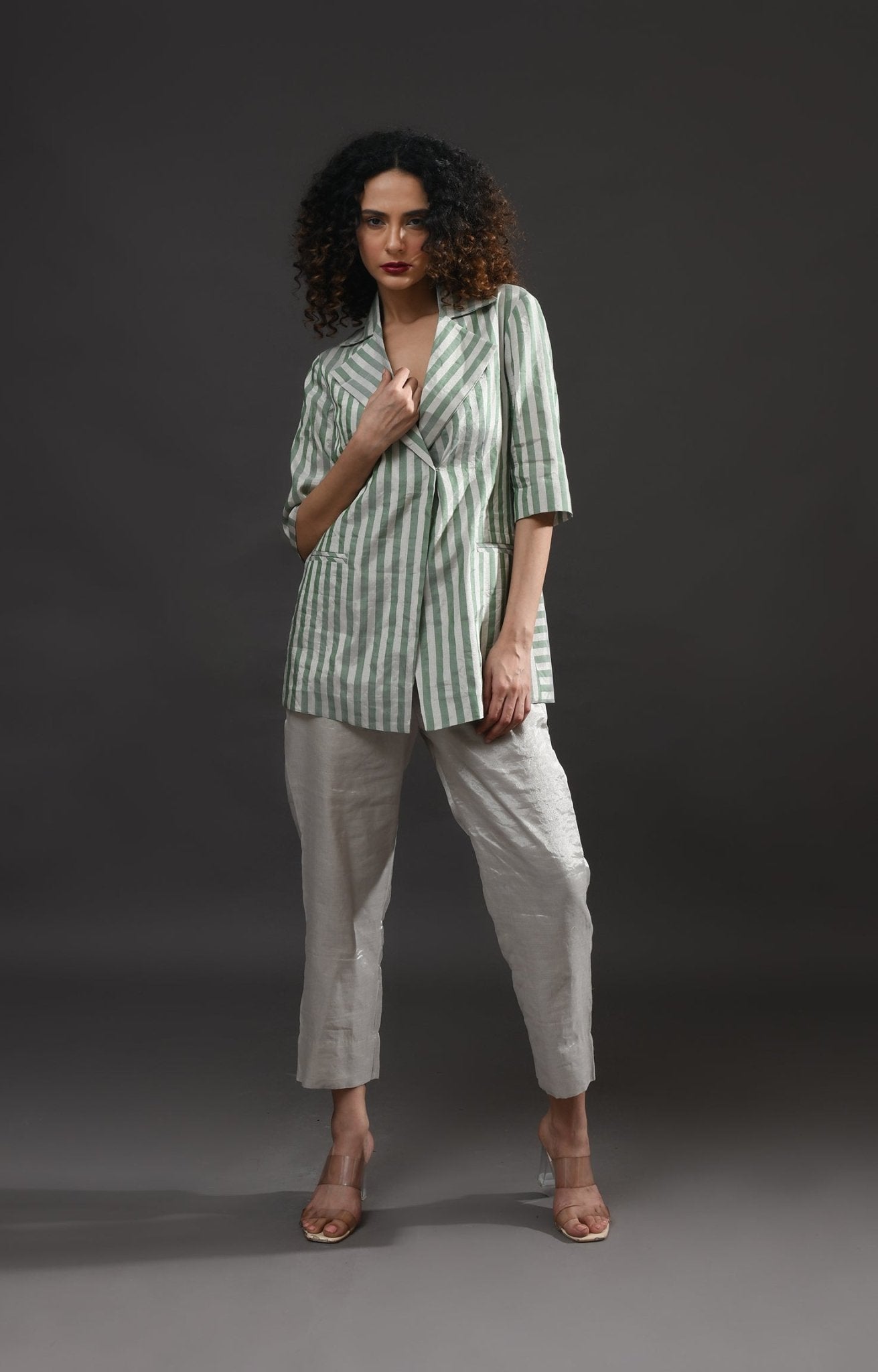 Striped Tissue Blazer Co - Ord (Set of 2) - Silver and Green - CiceroniCo - ord SetHiranya