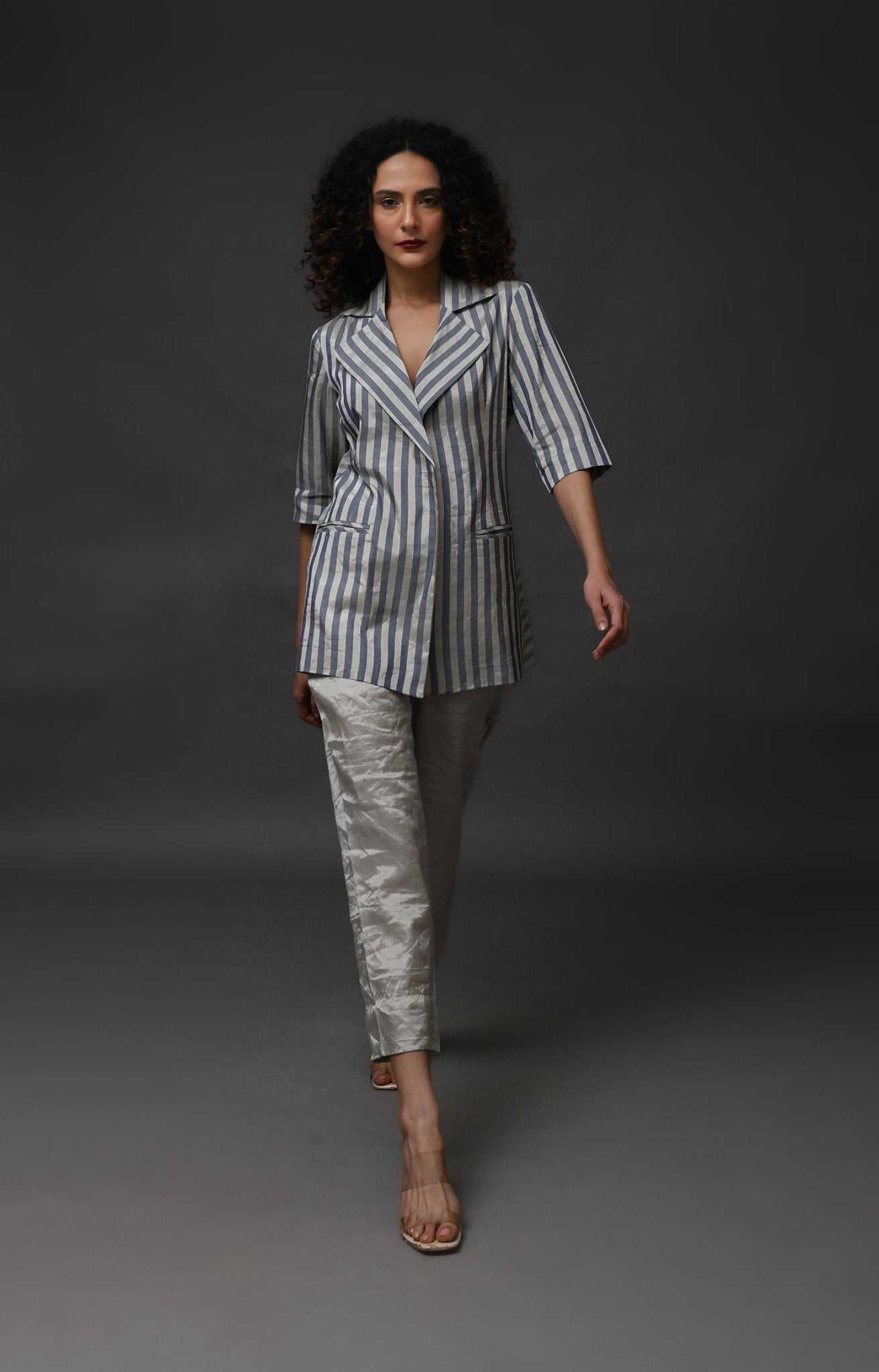 Striped Tissue Blazer - Silver and Blue - CiceroniBlazersHiranya