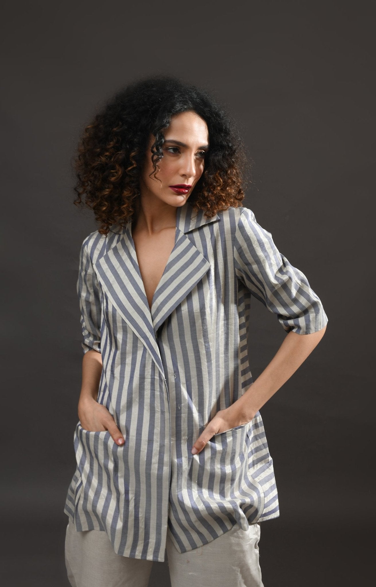 Striped Tissue Blazer - Silver and Blue - CiceroniBlazersHiranya