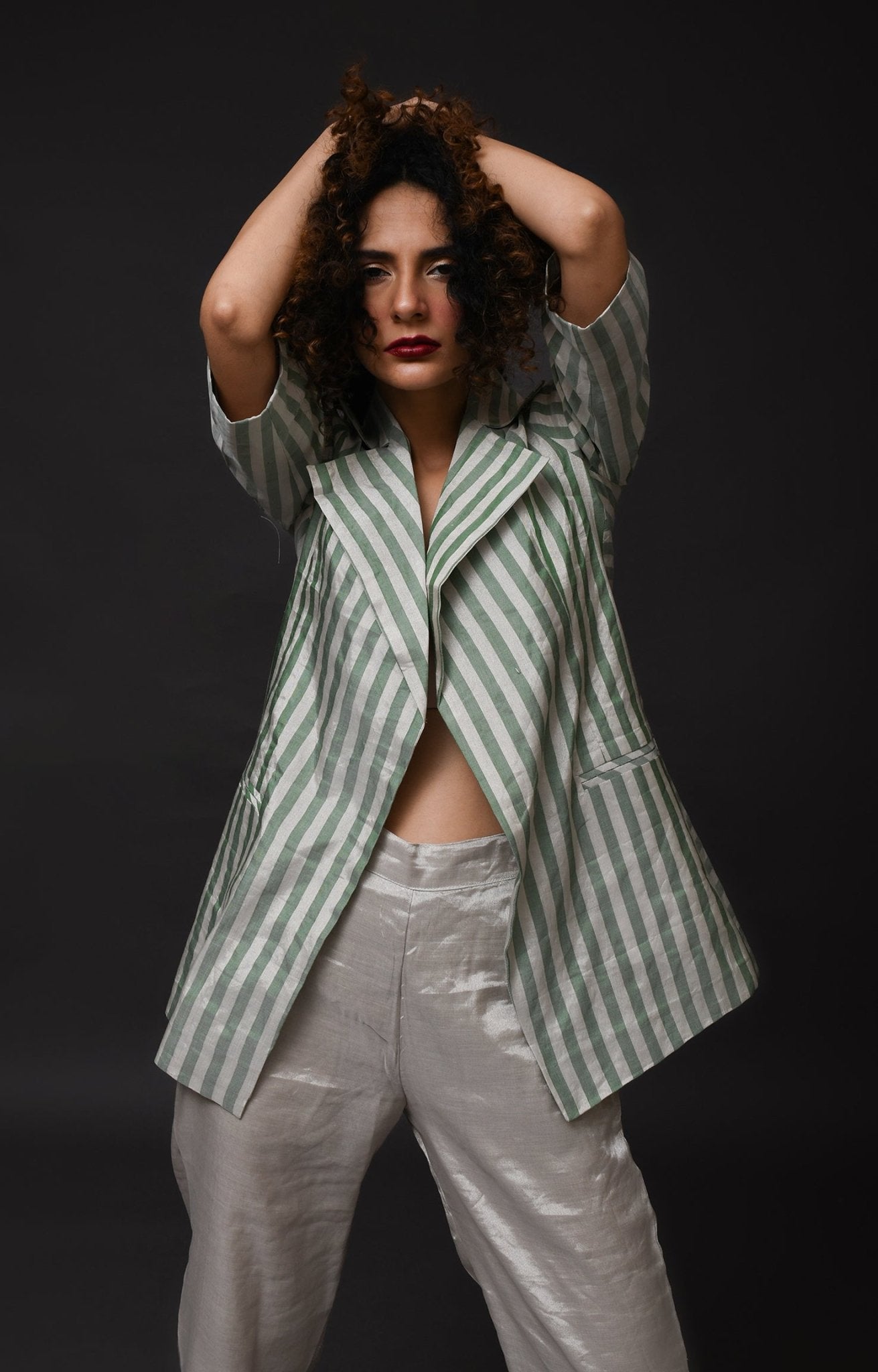 Striped Tissue Blazer - Silver and Green - CiceroniBlazersHiranya