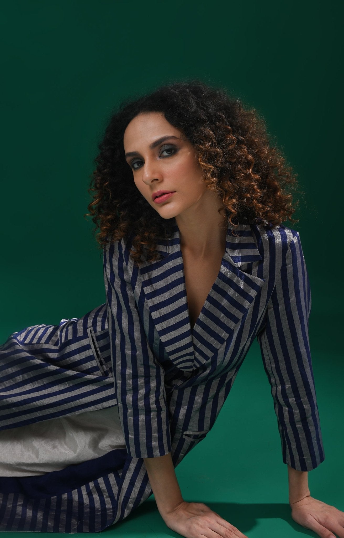 Striped Tissue Jacket Co - Ord (Set of 2) - Navy Blue - CiceroniCo - ord SetHiranya