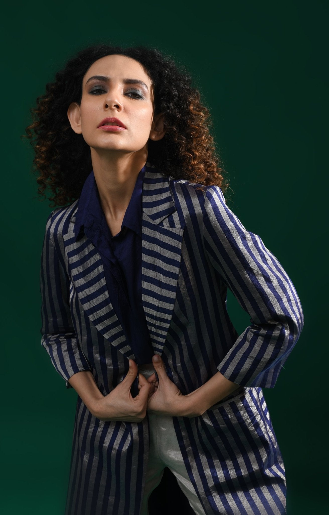 Striped Tissue Jacket Co - Ord (Set of 2) - Navy Blue - CiceroniCo - ord SetHiranya