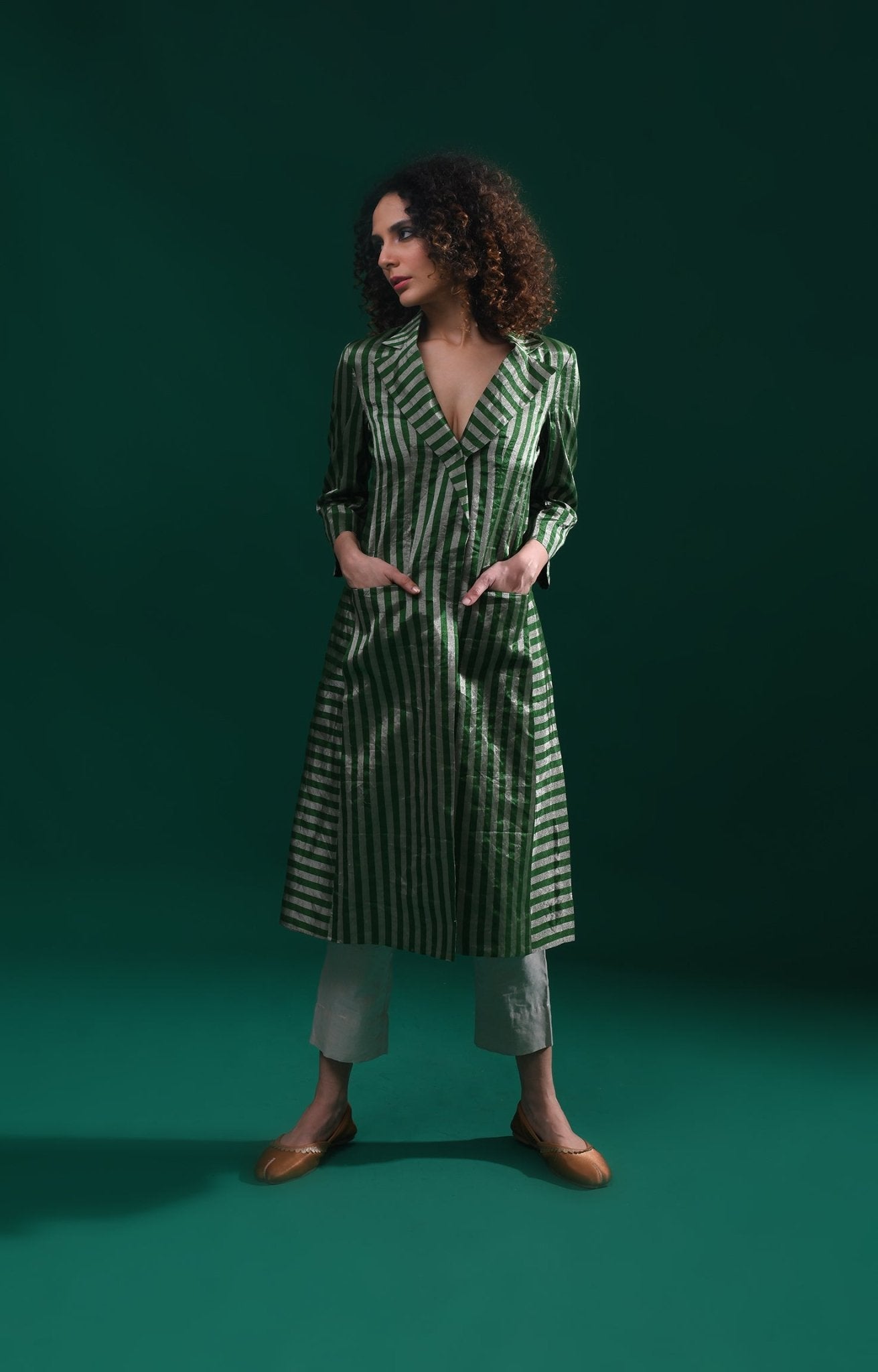 Striped Tissue Jacket - Emerald and Silver - CiceroniBlazersHiranya