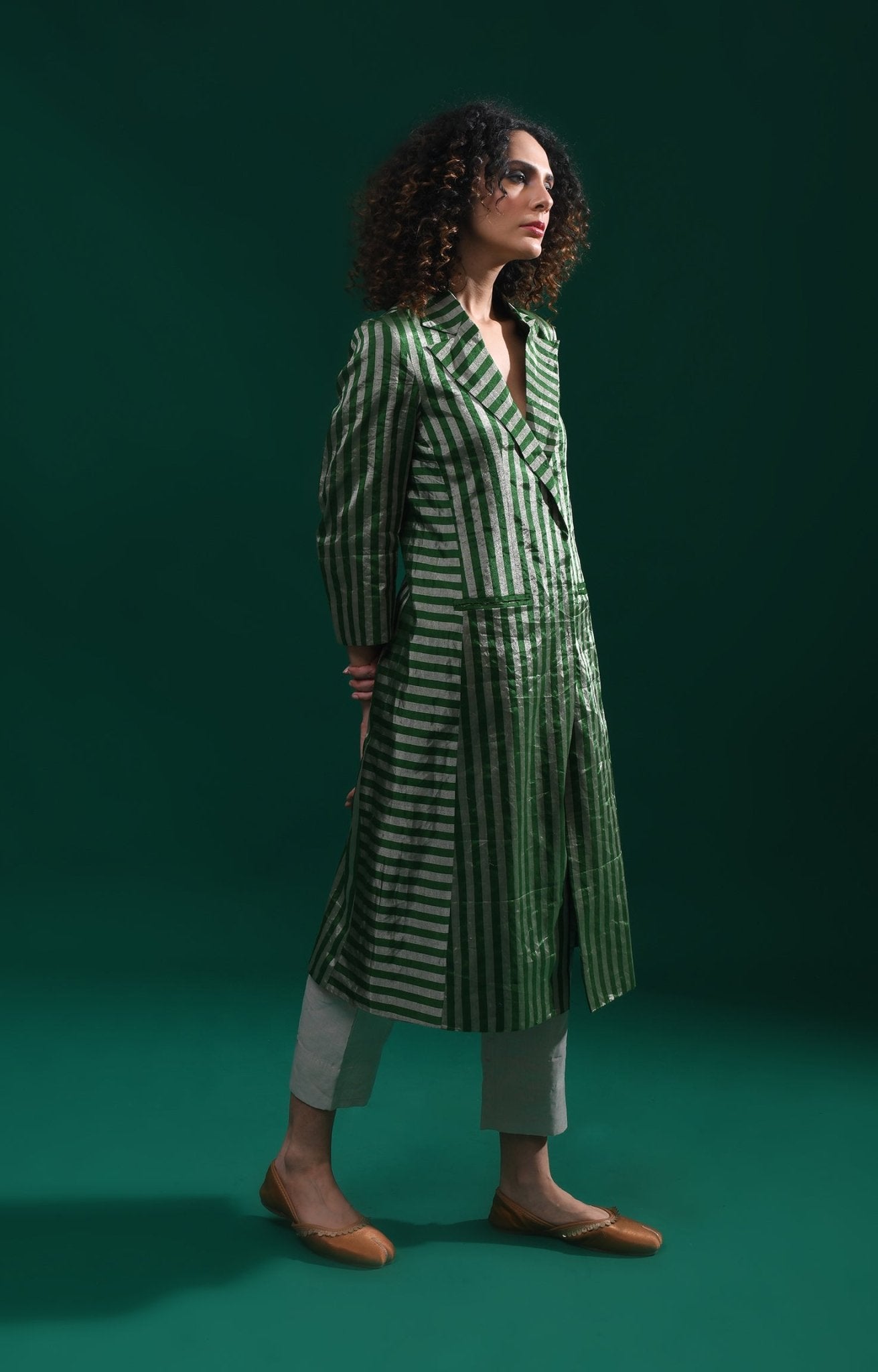 Striped Tissue Jacket - Emerald and Silver - CiceroniBlazersHiranya