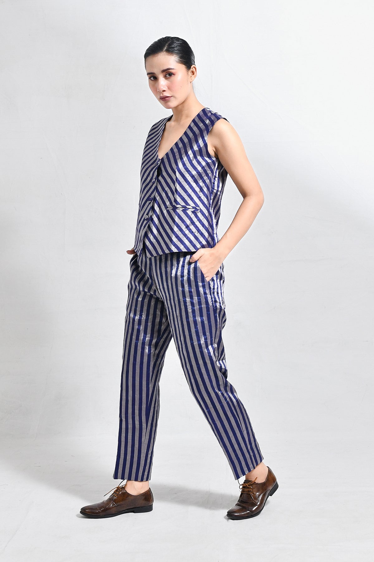 Striped Tissue Waist - Coat Co - ord (Set of 2) - Dark Blue - CiceroniCo - ord SetHiranya