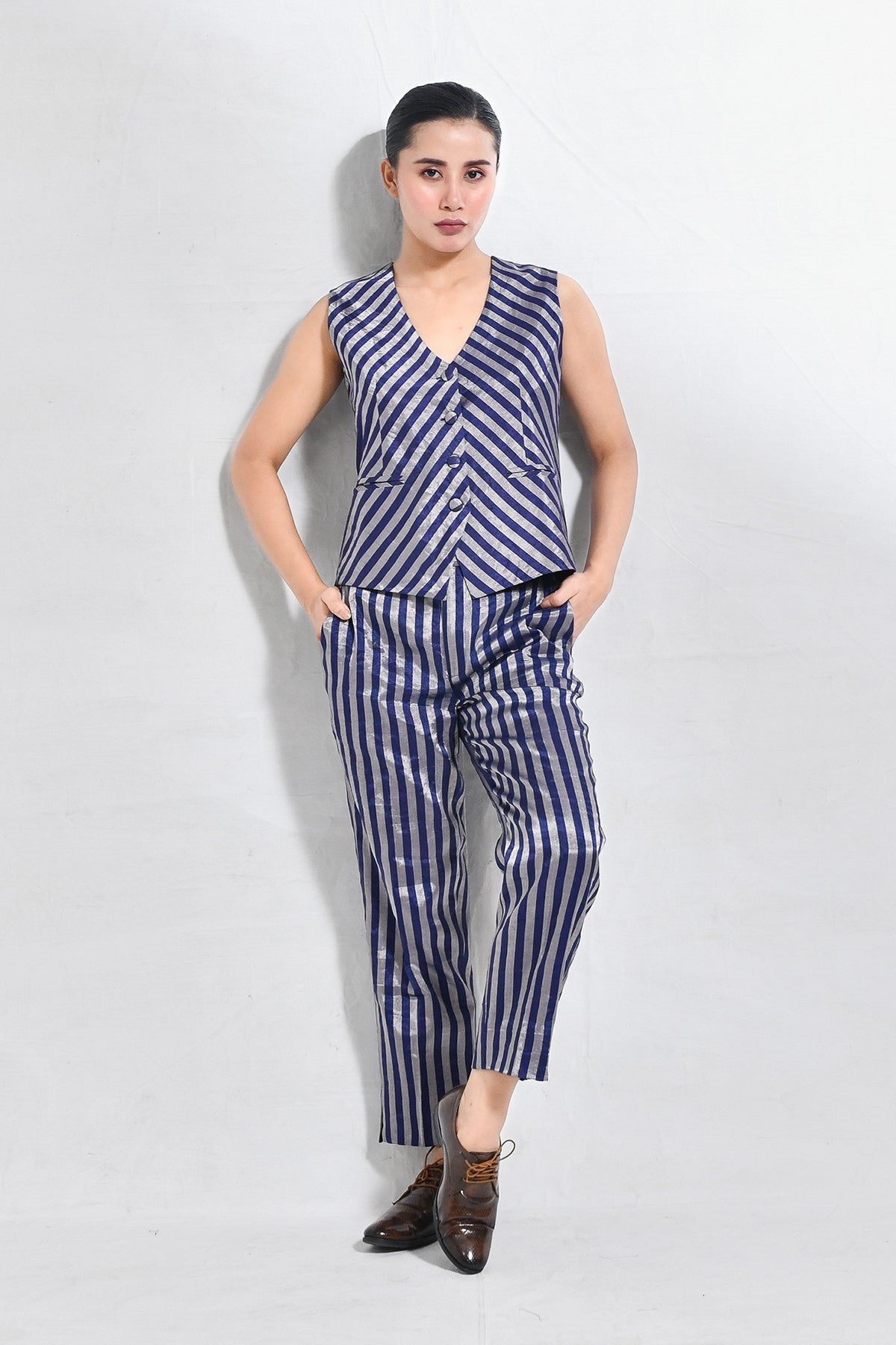 Striped Tissue Waist - Coat Co - ord (Set of 2) - Dark Blue - CiceroniCo - ord SetHiranya