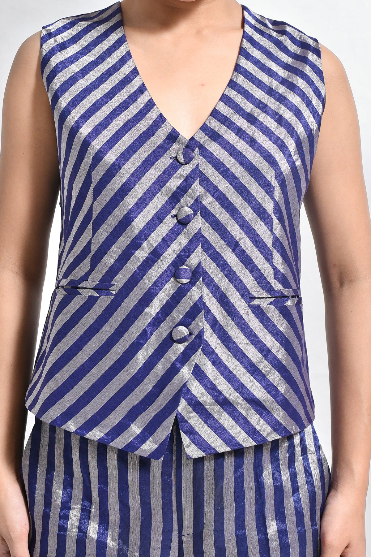 Striped Tissue Waist - Coat Co - ord (Set of 2) - Dark Blue - CiceroniCo - ord SetHiranya