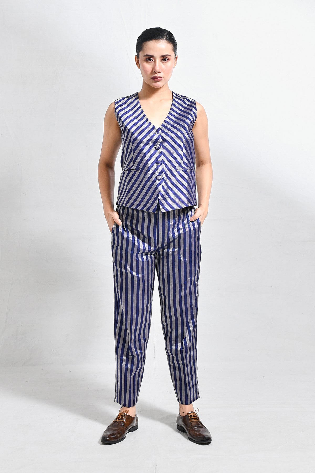 Striped Tissue Waist - Coat Co - ord (Set of 2) - Dark Blue - CiceroniCo - ord SetHiranya